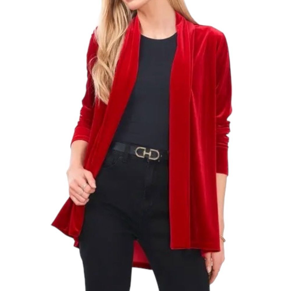 NWT CeCe Shawl Collar Stretch Velvet Open Front Cardigan in Autumn Red Size XL